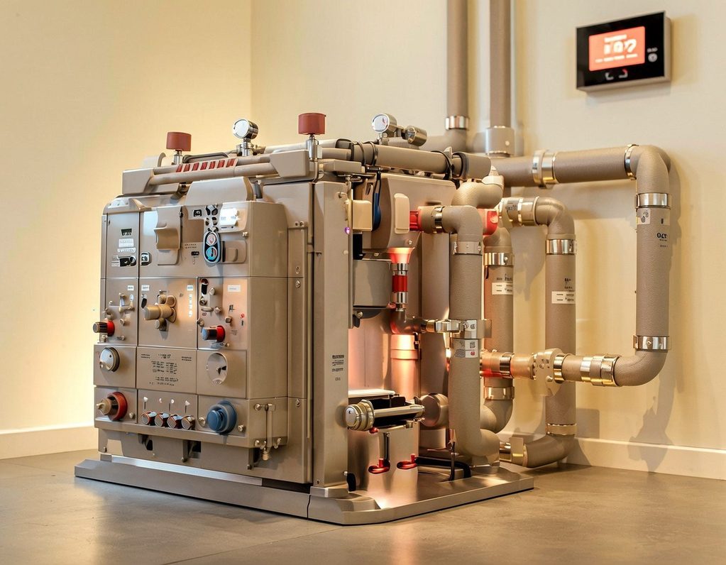 Inneneinheit einer Wärmepumpenanlage im Technikraum – fachgerecht eingebaut in Berlin und Brandenburg