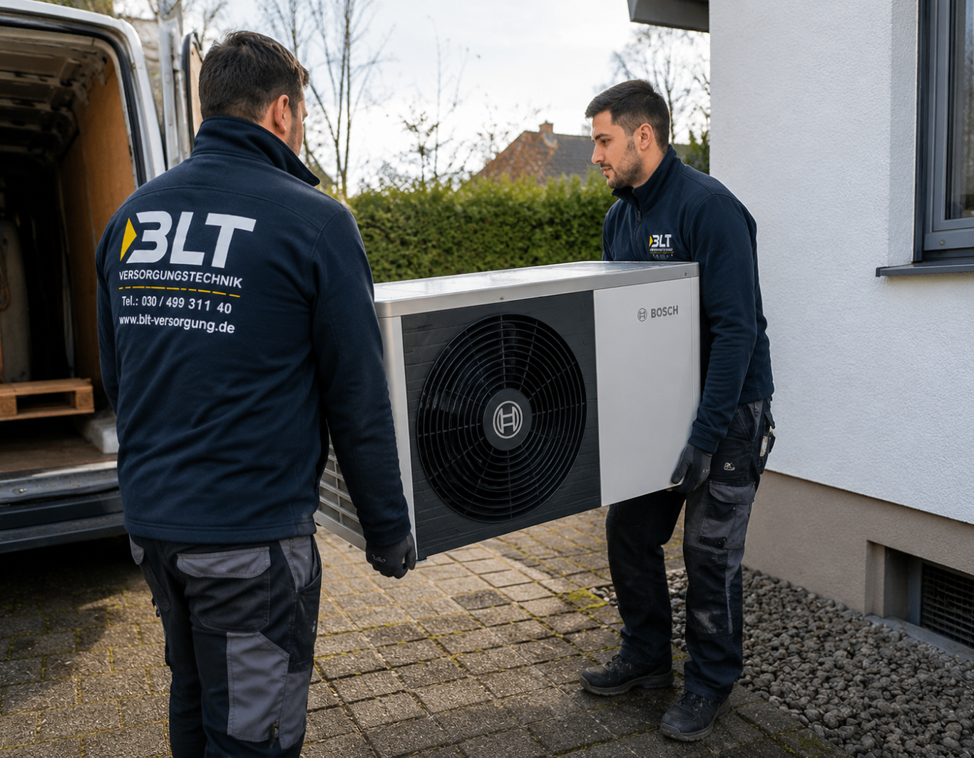 Luft-Wasser-Wärmepumpe Außeneinheit an einem Einfamilienhaus in Berlin – installiert von BLT Versorgungstechnik GmbH